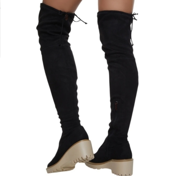 Nicole Miller Bass Black Vegan Leather Grunge Over The Knee Chunky Heeled Boot - Picture 3 of 13